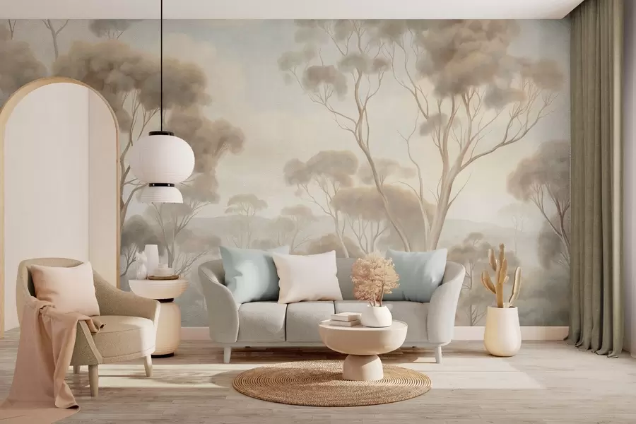 murais de parede Uma paisagem florestal enevoada com altos eucaliptos, colinas ondulantes sob um céu nublado, arte texturada w09822