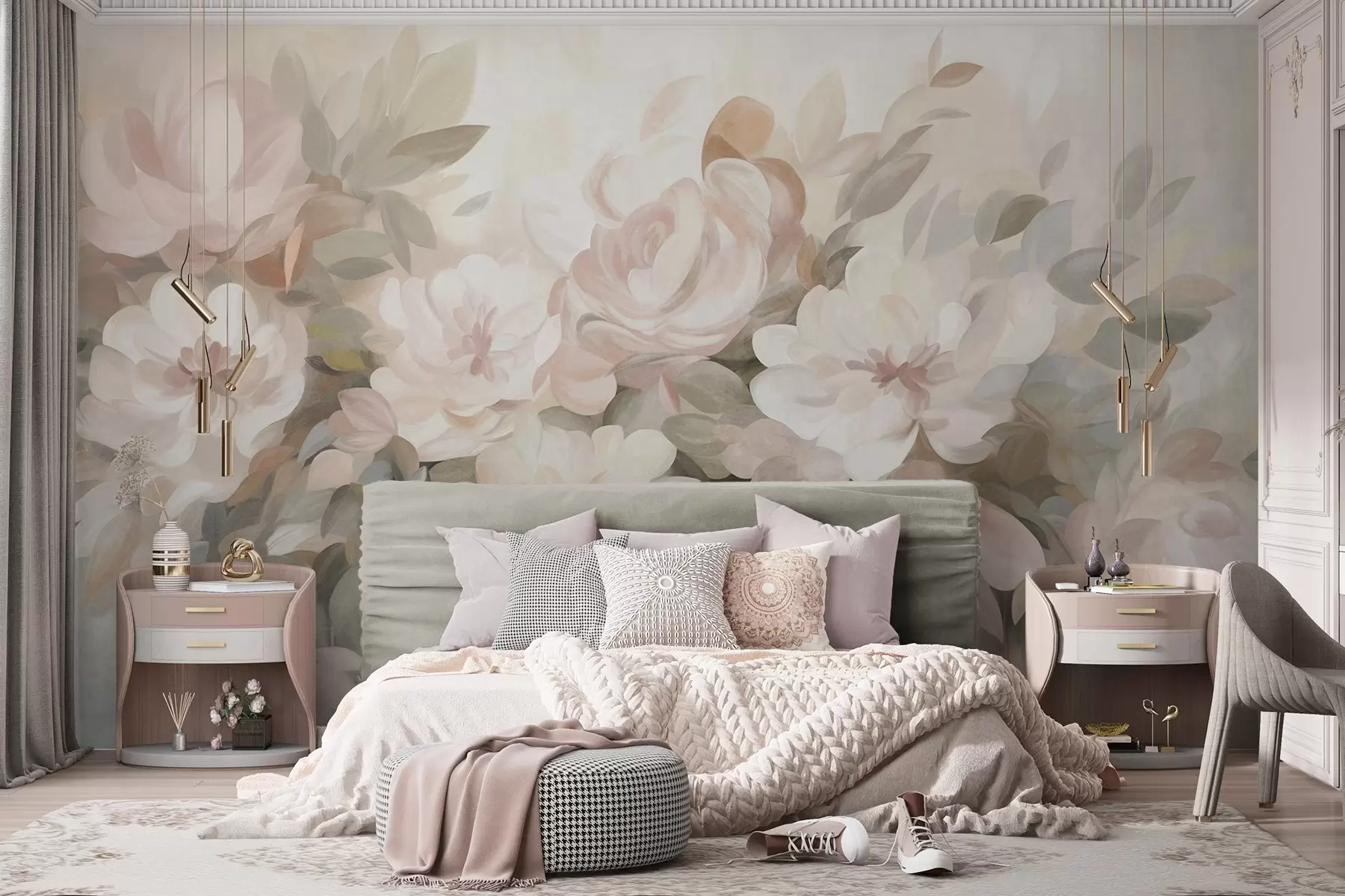 murais de parede Flores rosa-claro e brancas com folhas verdes, estilo pintado, estilo impressionista, arte texturada w09824