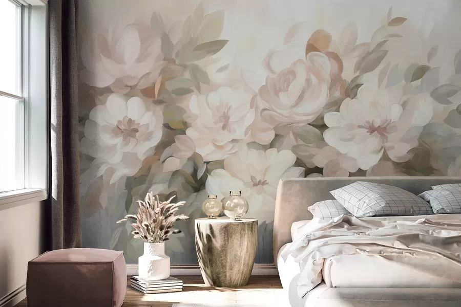 murais de parede Flores rosa-claro e brancas com folhas verdes, estilo pintado, estilo impressionista, arte texturada w09824