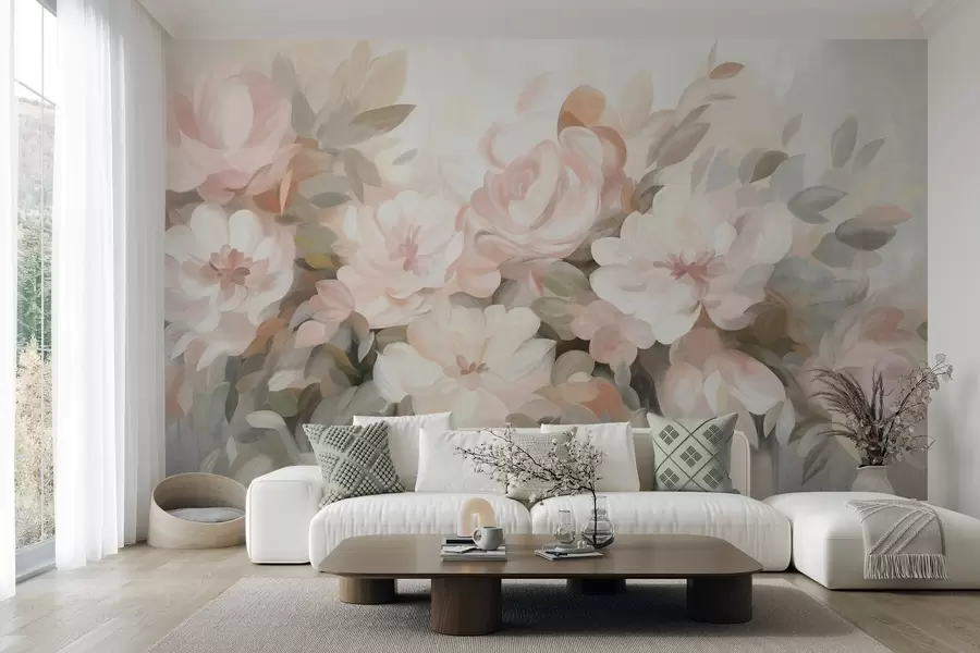 murais de parede Flores rosa-claro e brancas com folhas verdes, estilo pintado, estilo impressionista, arte texturada w09824