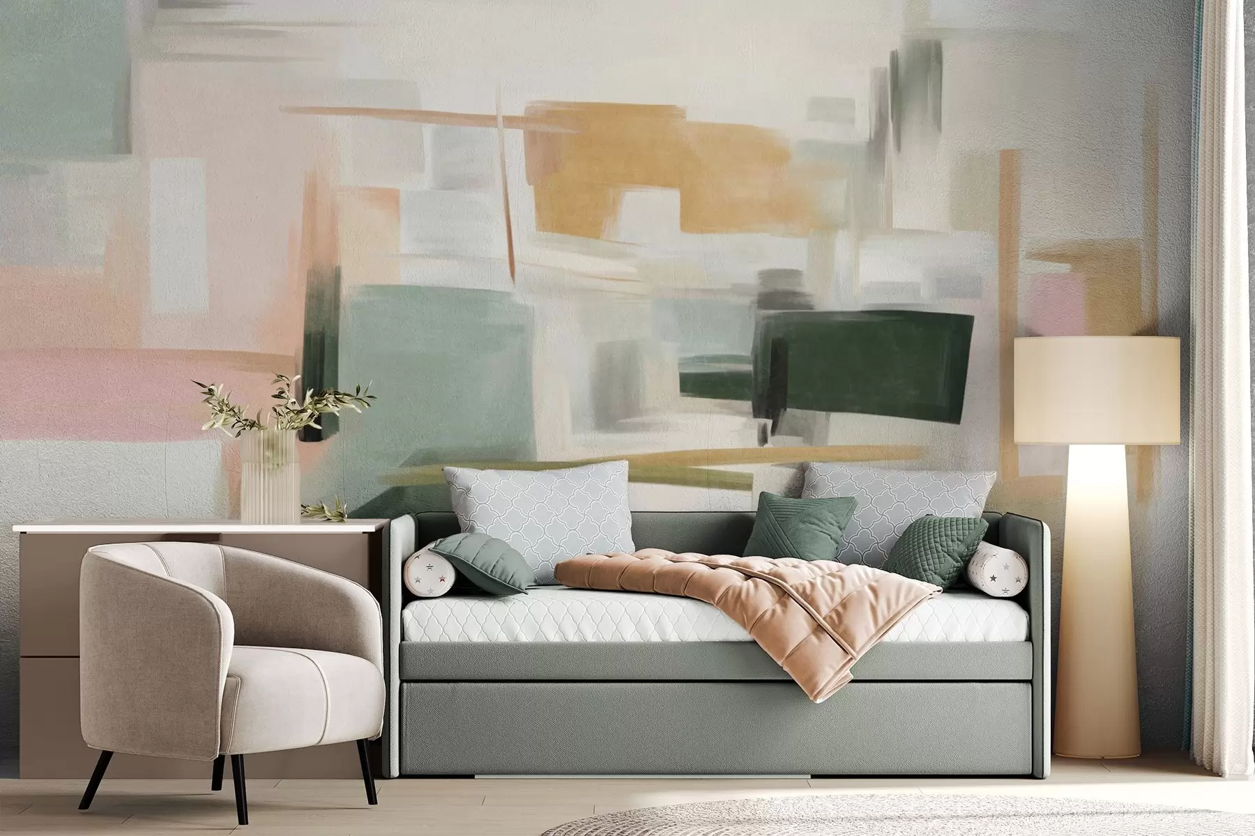 murais de parede Estilo de pintura minimalista abstrata com cores pastel suaves, formas geométricas e linhas w09828