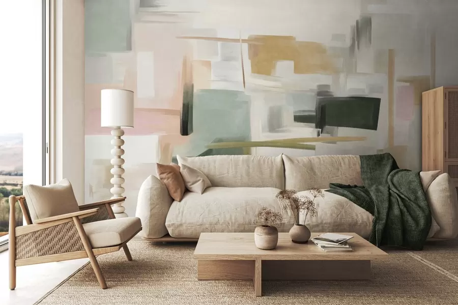 murais de parede Estilo de pintura minimalista abstrata com cores pastel suaves, formas geométricas e linhas w09828