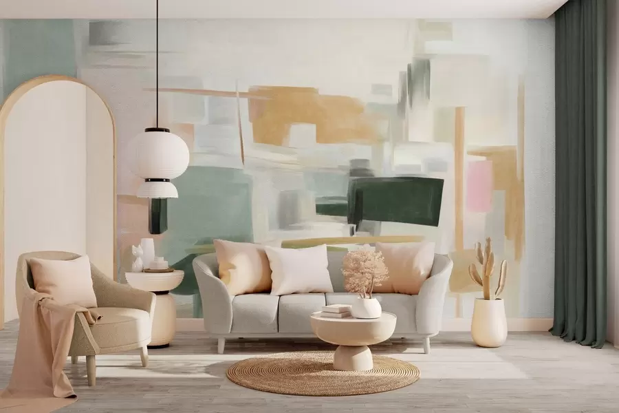 murais de parede Estilo de pintura minimalista abstrata com cores pastel suaves, formas geométricas e linhas w09828