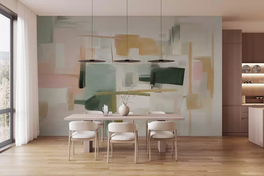 murais de parede Estilo de pintura minimalista abstrata com cores pastel suaves, formas geométricas e linhas w09828