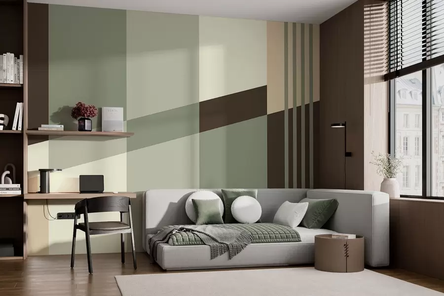 murais de parede Desenhos geométricos discretos em tons de verde-oliva, bege e castanho w05390