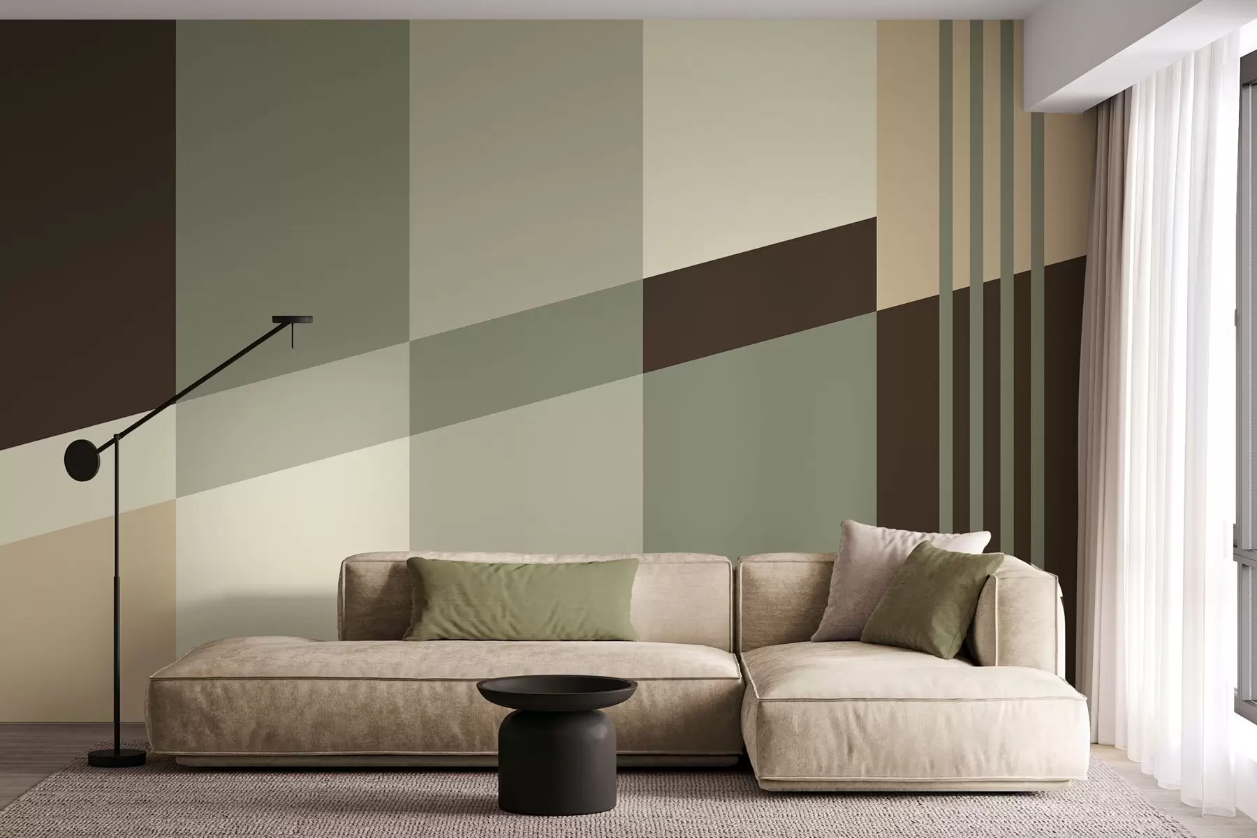 murais de parede Desenhos geométricos discretos em tons de verde-oliva, bege e castanho w05390