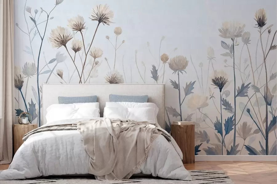 murais de parede Ervas e flores silvestres pintadas num estilo pitoresco sobre um fundo claro w05563