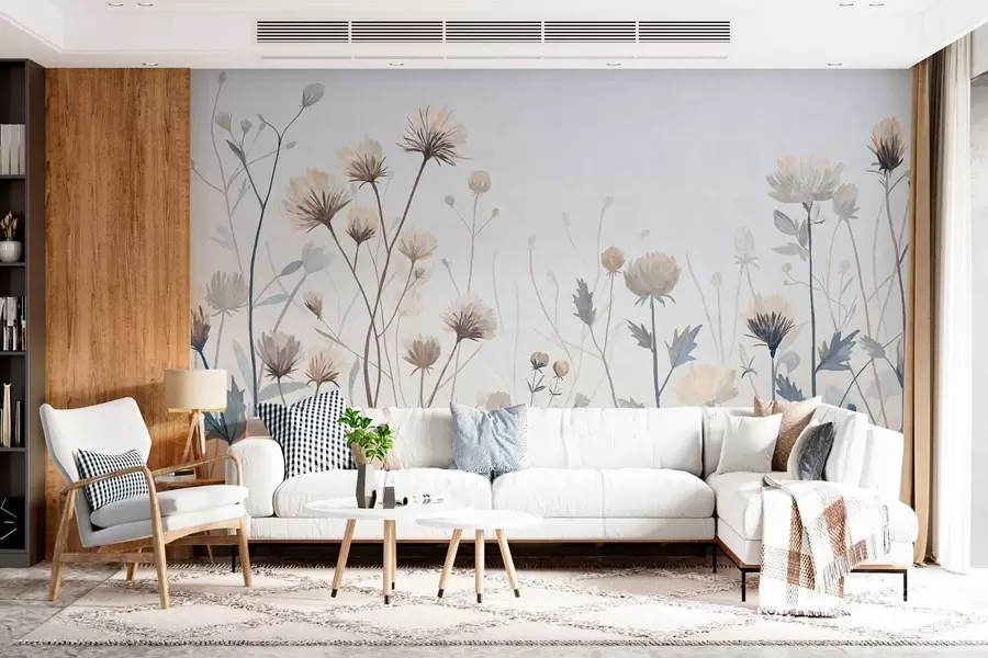 murais de parede Ervas e flores silvestres pintadas num estilo pitoresco sobre um fundo claro w05563