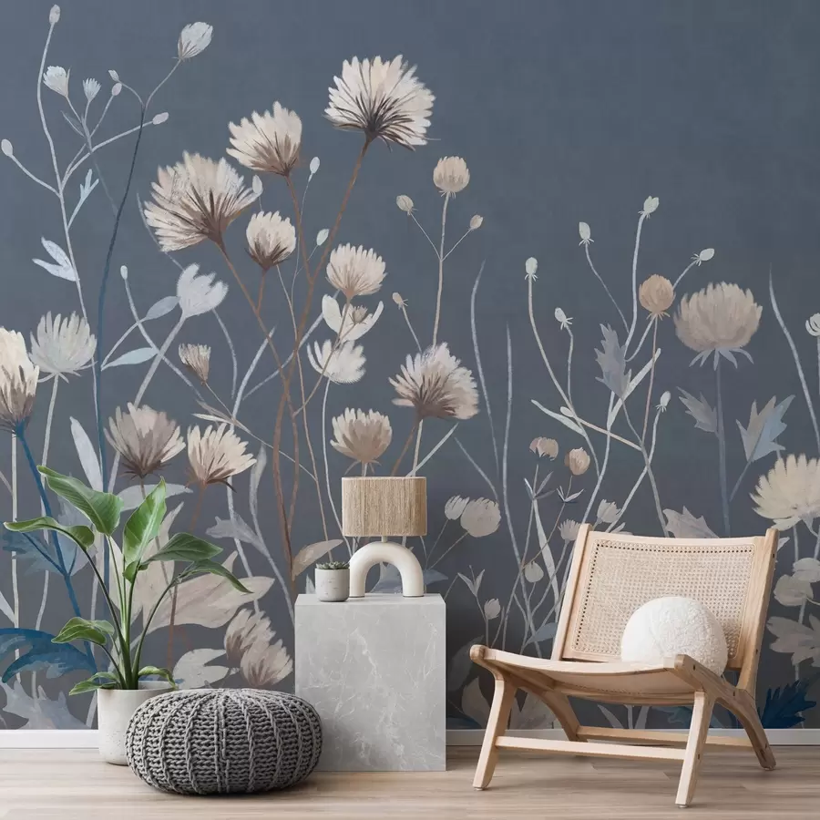 murais de parede Flores silvestres e ervas retratadas num estilo pictórico sobre um fundo azul escuro w05563v1