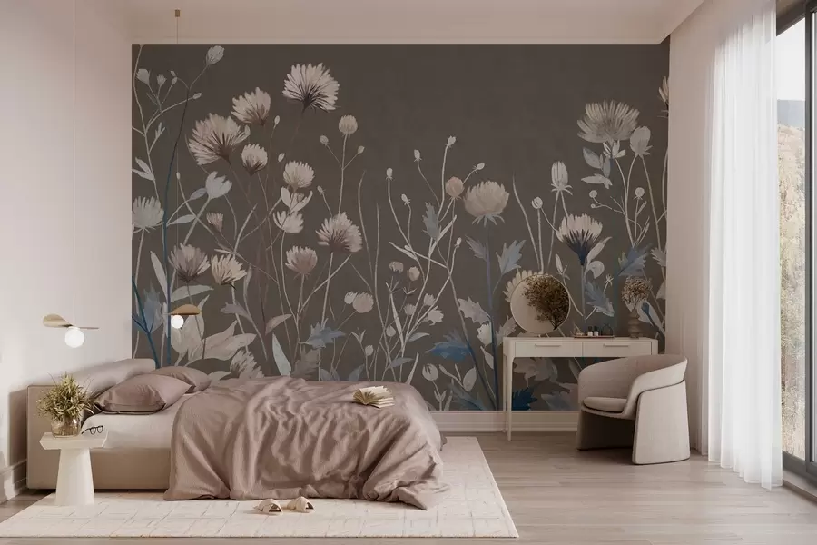 murais de parede Ervas e flores silvestres retratadas num estilo pictórico sobre um fundo cinzento-acastanhado w05563v2