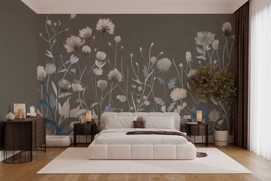 murais de parede Ervas e flores silvestres retratadas num estilo pictórico sobre um fundo cinzento-acastanhado w05563v2