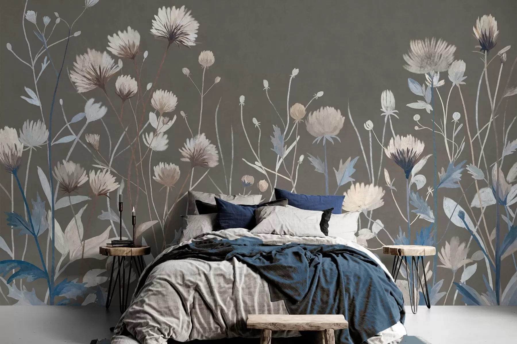 murais de parede Ervas e flores silvestres retratadas num estilo pictórico sobre um fundo cinzento-acastanhado w05563v2