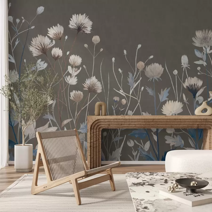 murais de parede Ervas e flores silvestres retratadas num estilo pictórico sobre um fundo cinzento-acastanhado w05563v2