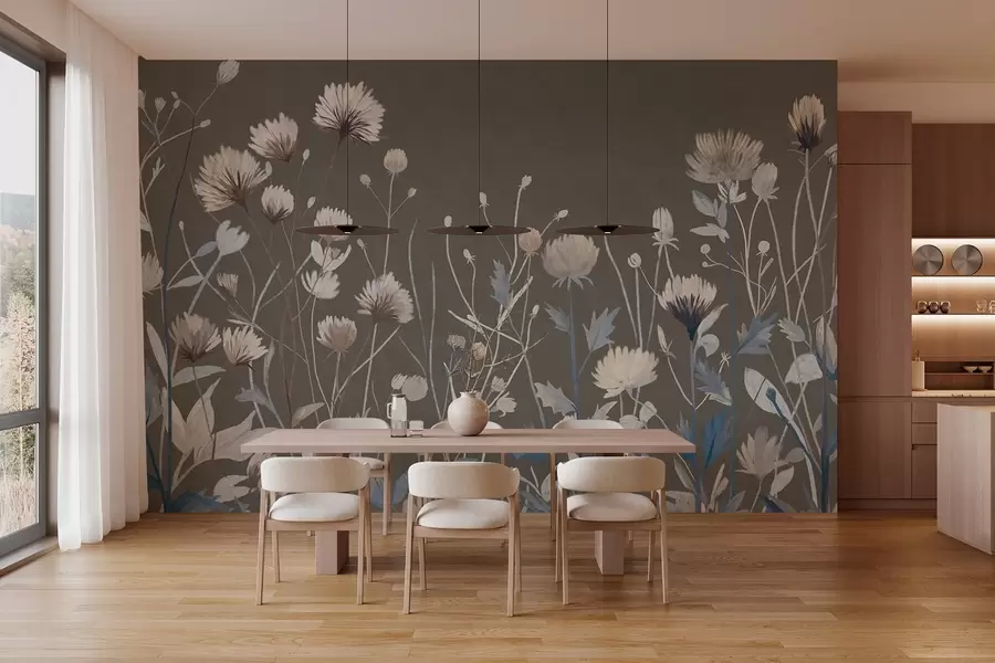 murais de parede Ervas e flores silvestres retratadas num estilo pictórico sobre um fundo cinzento-acastanhado w05563v2