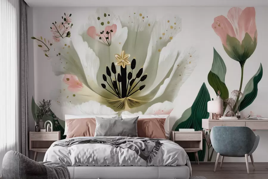 murais de parede Uma flor com folhas verdes e toques em rosa suave, em estilo aquarela w09836