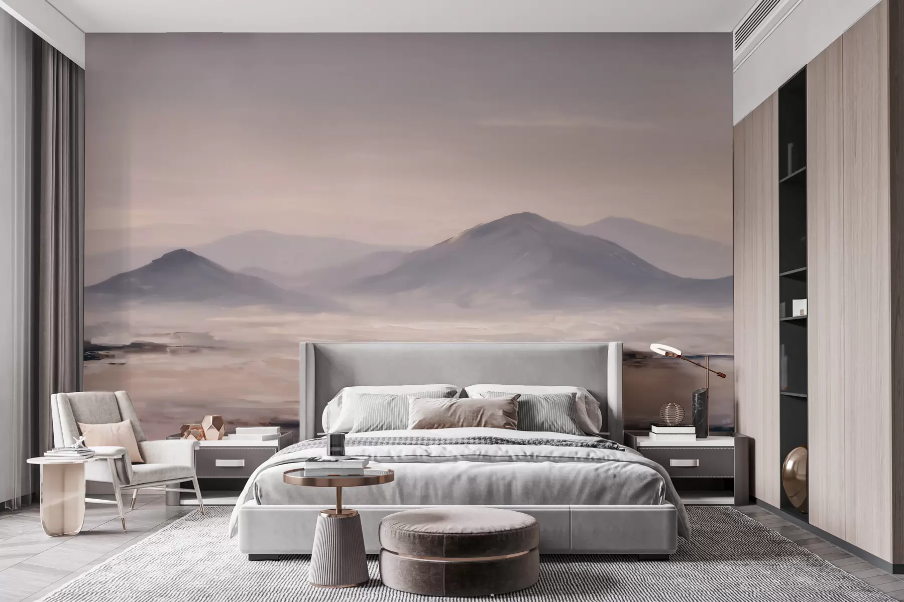 murais de parede Uma paisagem montanhosa enevoada com transições suaves de luz e ar, com um efeito semelhante a uma máscara w09844