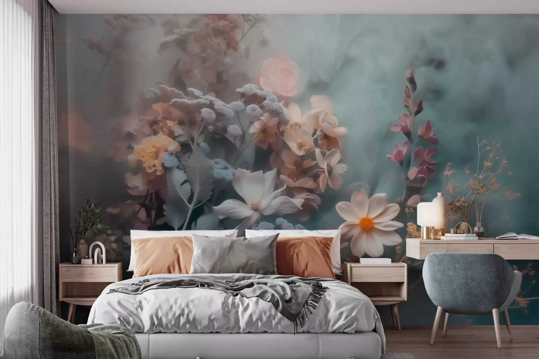 murais de parede Uma composição encantadora de flores silvestres envolta numa leve névoa de tons pastel w09846