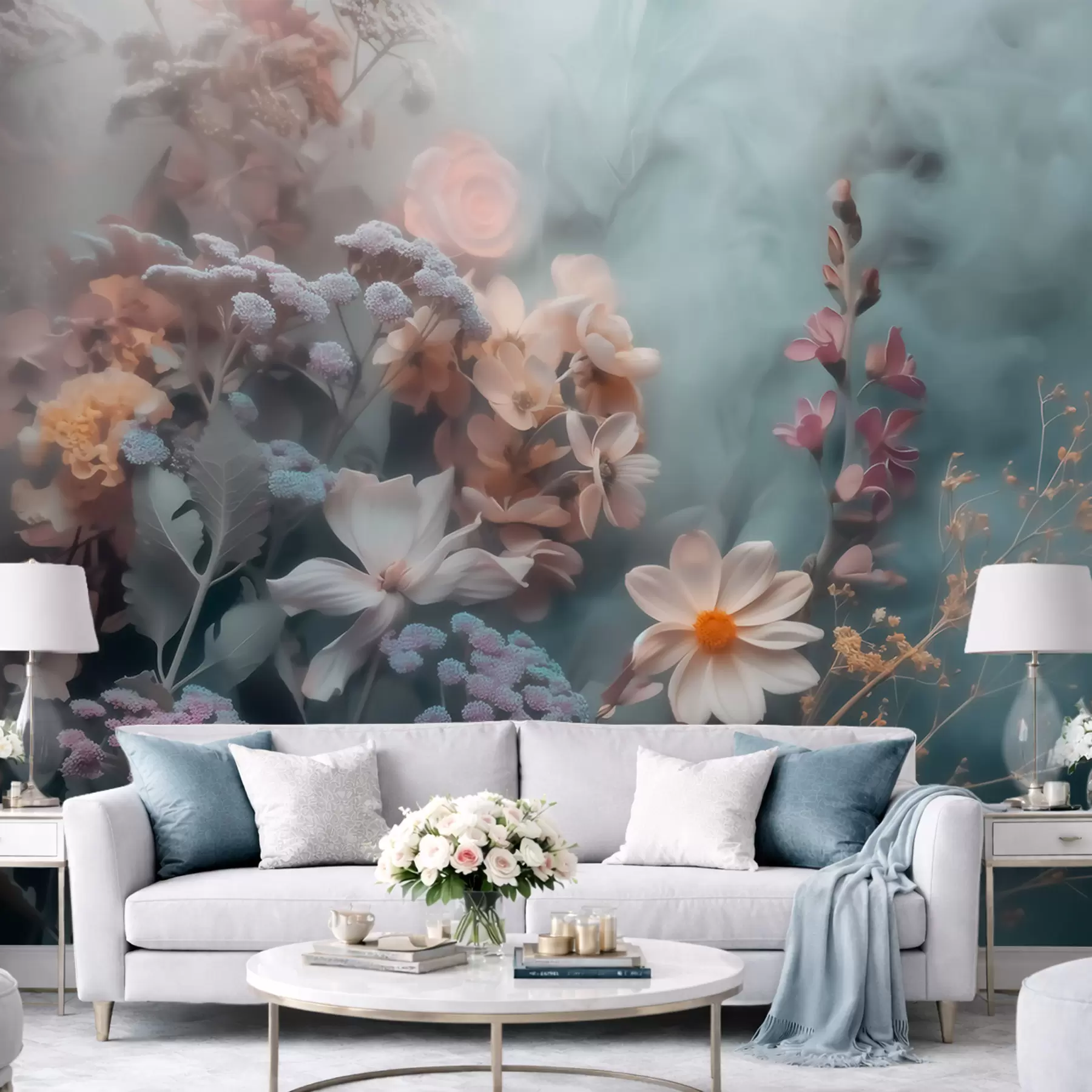 murais de parede Uma composição encantadora de flores silvestres envolta numa leve névoa de tons pastel w09846