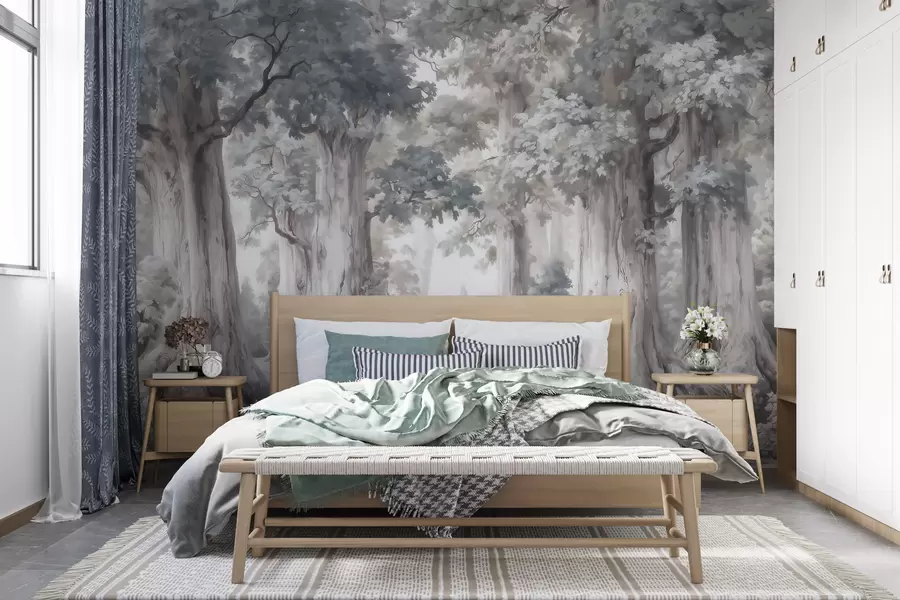 murais de parede Uma floresta de conto de fadas com árvores altas e uma paleta de cores suaves e discretas, ao estilo da aguarela w09849