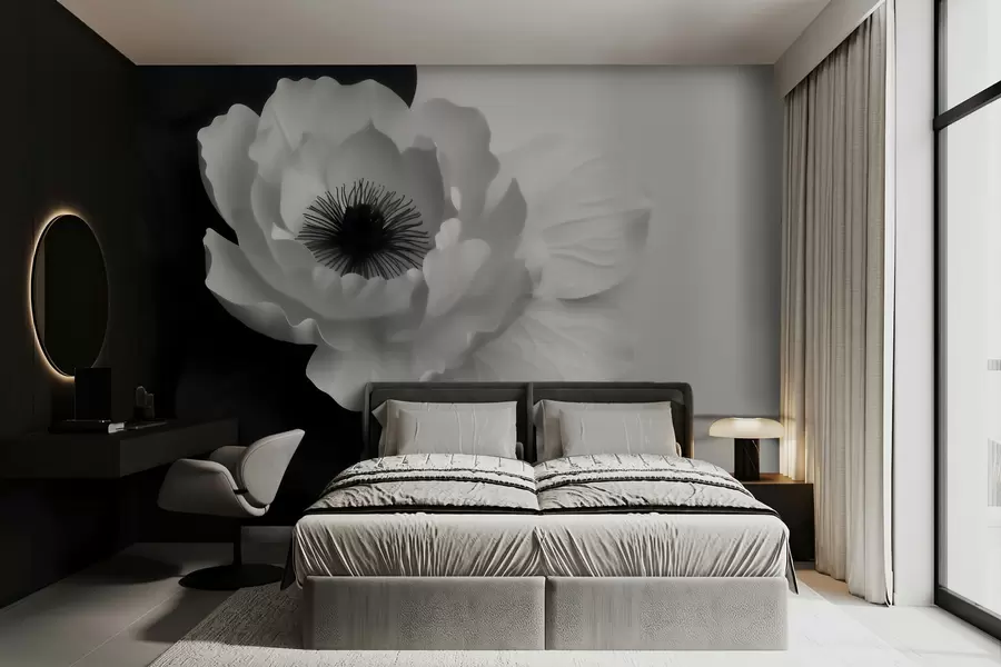 murais de parede Uma flor branca com um centro escuro, em contraste com um fundo a preto e branco w09852
