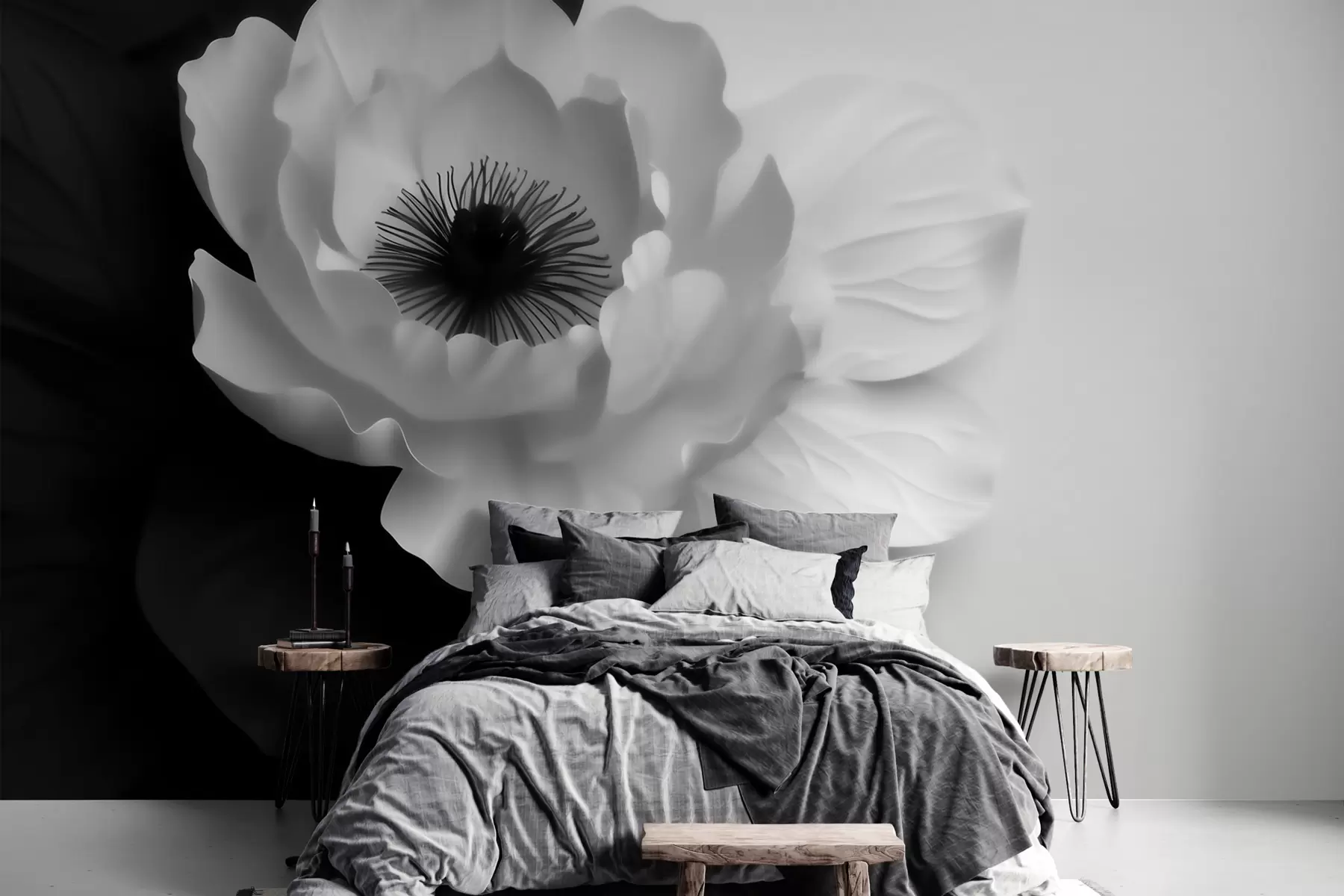 murais de parede Uma flor branca com um centro escuro, em contraste com um fundo a preto e branco w09852