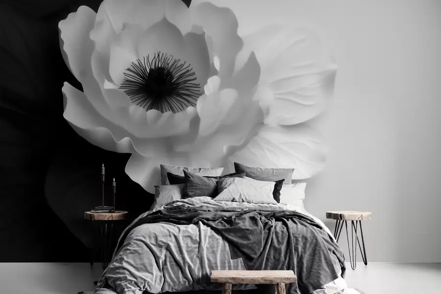murais de parede Uma flor branca com um centro escuro, em contraste com um fundo a preto e branco w09852