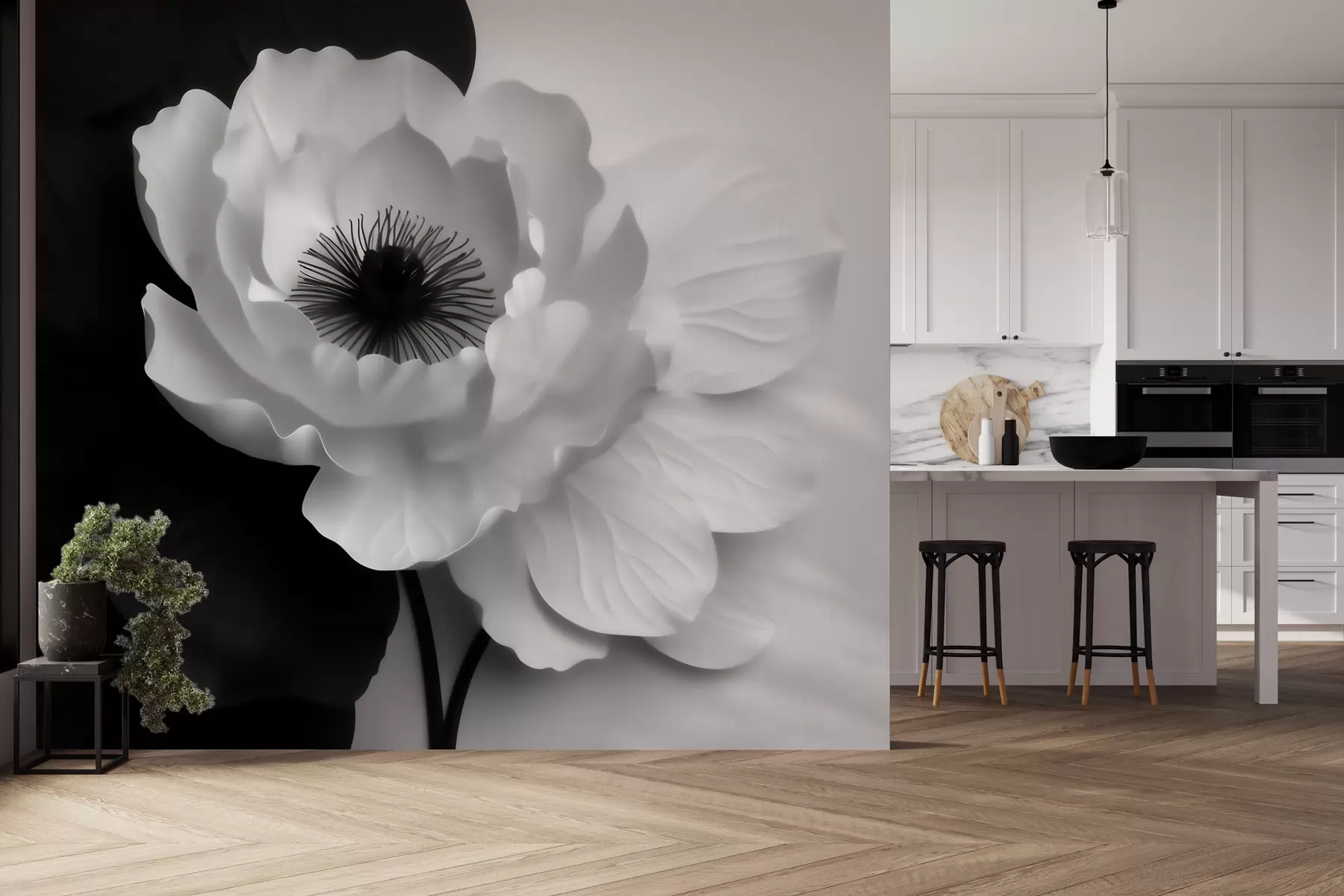 murais de parede Uma flor branca com um centro escuro, em contraste com um fundo a preto e branco w09852