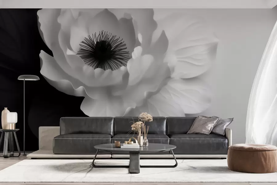 murais de parede Uma flor branca com um centro escuro, em contraste com um fundo a preto e branco w09852