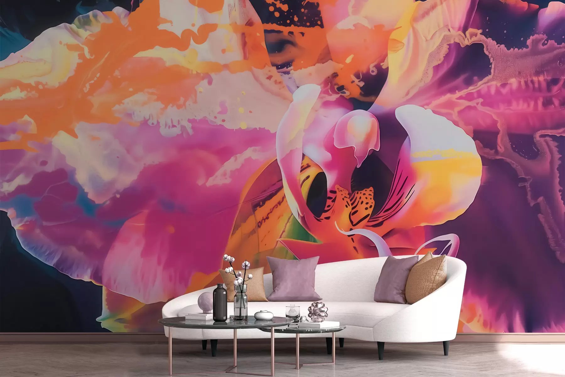 murais de parede Uma flor de orquídea abstrata e vibrante, com cores ricas e formas dinâmicas, em estilo aquarela w09855