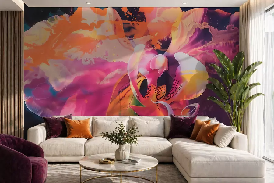 murais de parede Uma flor de orquídea abstrata e vibrante, com cores ricas e formas dinâmicas, em estilo aquarela w09855