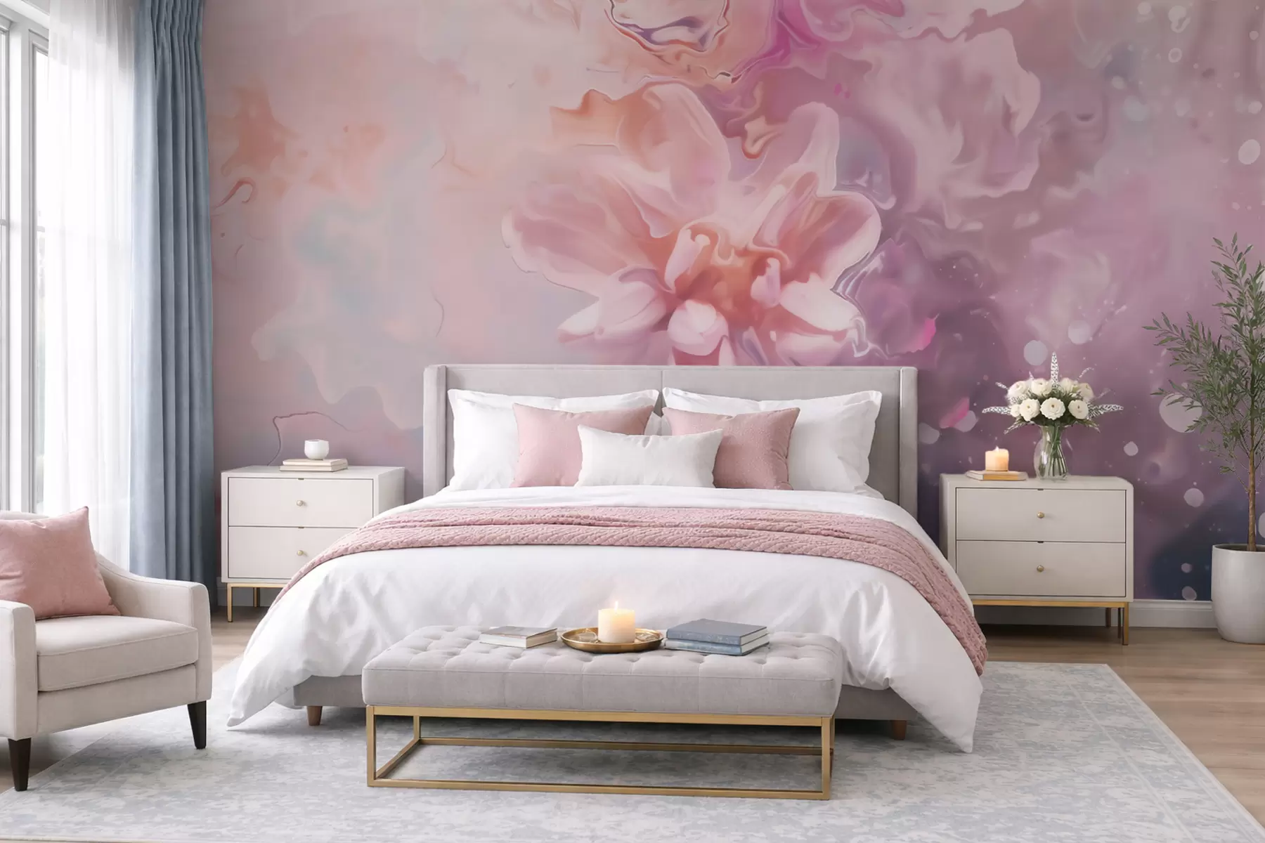 murais de parede Uma composição abstrata com uma flor e tons suaves de rosa em estilo aquarela w09859