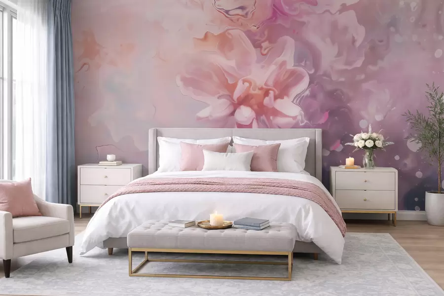 murais de parede Uma composição abstrata com uma flor e tons suaves de rosa em estilo aquarela w09859
