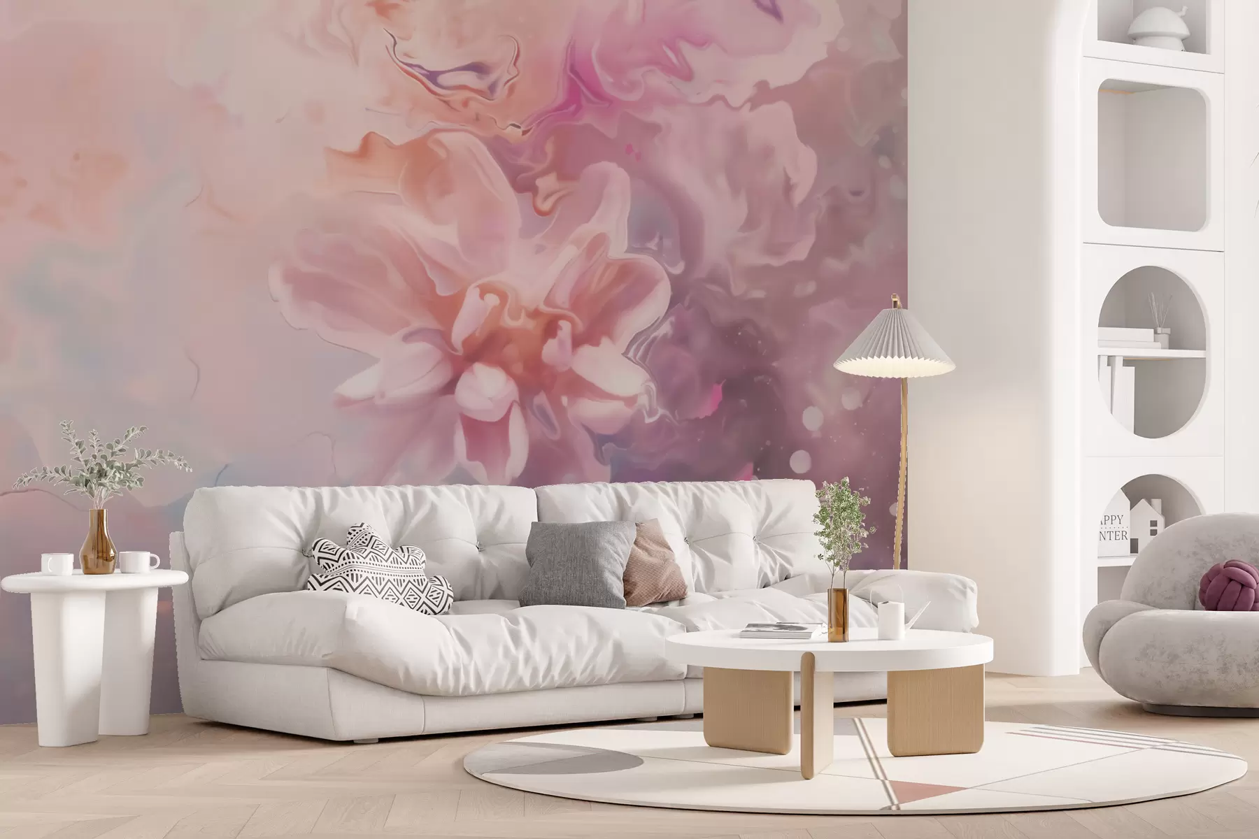 murais de parede Uma composição abstrata com uma flor e tons suaves de rosa em estilo aquarela w09859