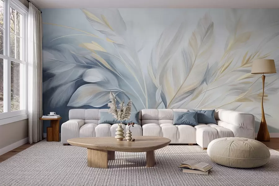 murais de parede Penas texturizadas com detalhes em amarelo, sobre um fundo suave em azul claro e branco w09826