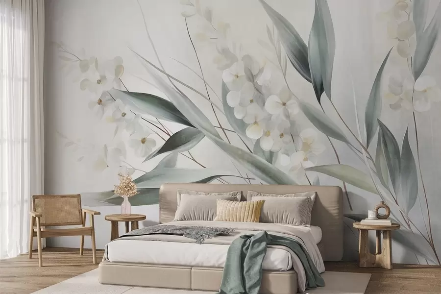 murais de parede Flores delicadas e longas folhas verdes num estilo pictórico com pinceladas subtis, arte texturada w09827