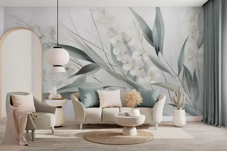 murais de parede Flores delicadas e longas folhas verdes num estilo pictórico com pinceladas subtis, arte texturada w09827