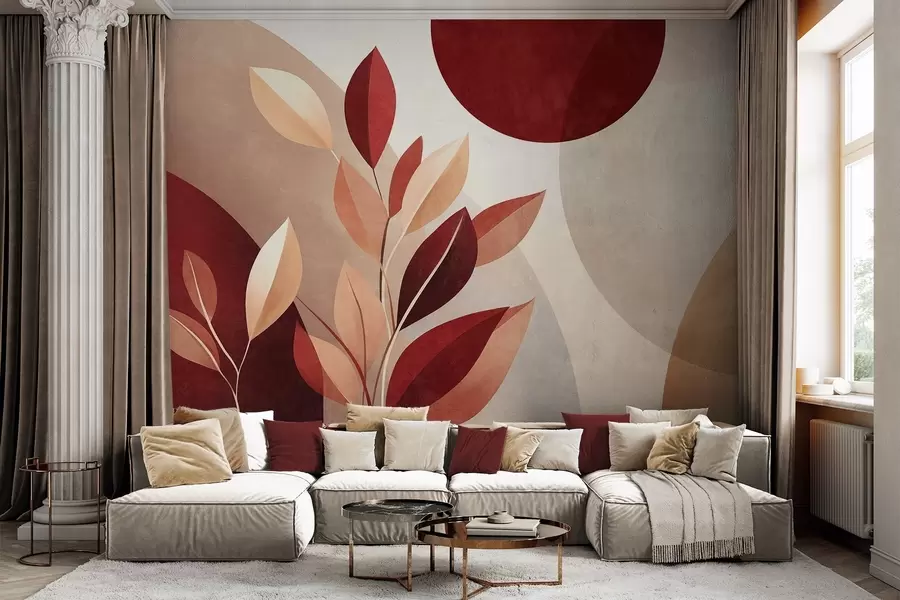 murais de parede Folhas texturizadas em tons de bordô e bege sobre um fundo de formas abstratas, minimalismo, arte moderna w09829