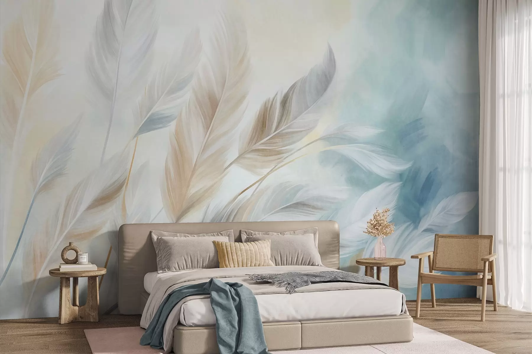 murais de parede Penas em tons pastel com textura e contornos suaves e esbatidos, sobre um fundo em estilo aquarela w09833