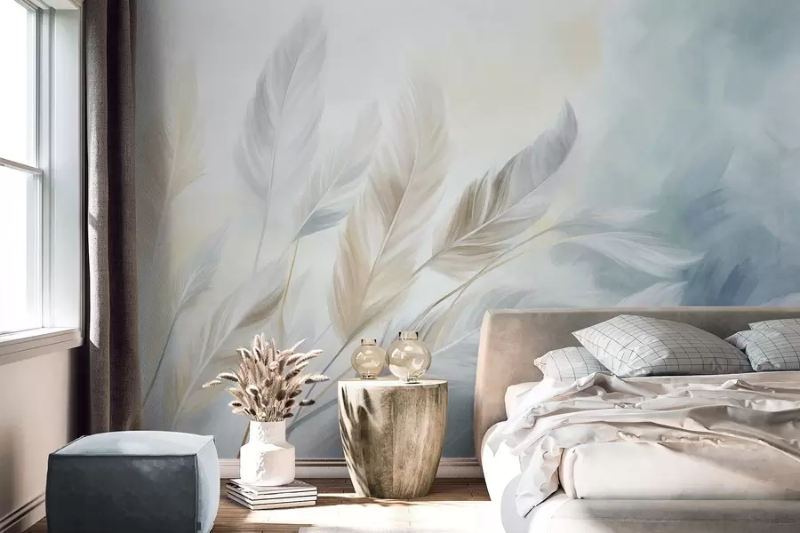 murais de parede Penas em tons pastel com textura e contornos suaves e esbatidos, sobre um fundo em estilo aquarela w09833