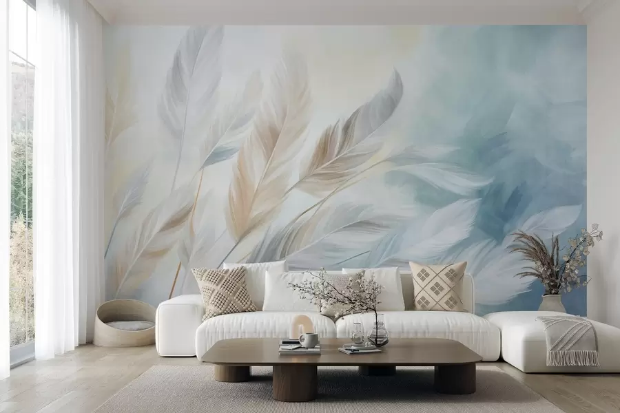 murais de parede Penas em tons pastel com textura e contornos suaves e esbatidos, sobre um fundo em estilo aquarela w09833