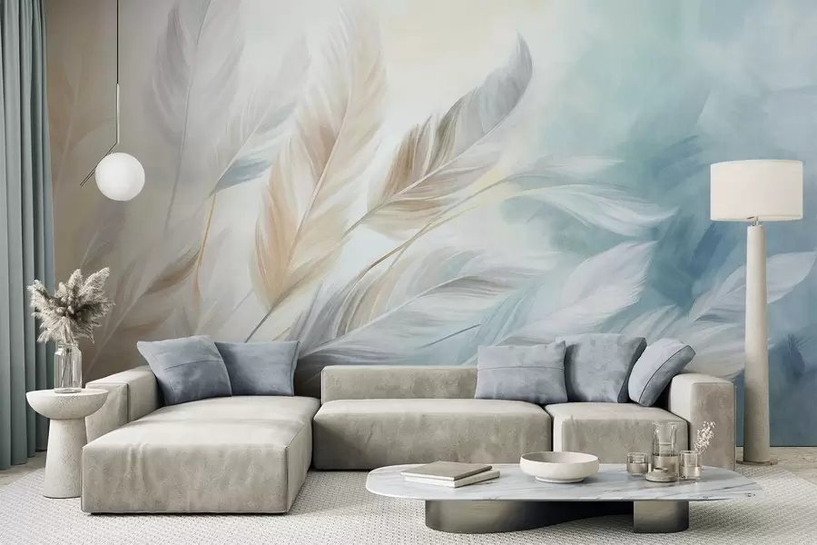 murais de parede Penas em tons pastel com textura e contornos suaves e esbatidos, sobre um fundo em estilo aquarela w09833
