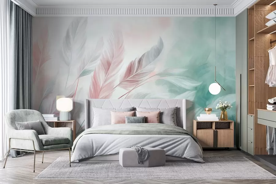 murais de parede Penas em tons pastel com textura e contornos suaves e esbatidos, sobre um fundo em estilo aquarela w09833v1