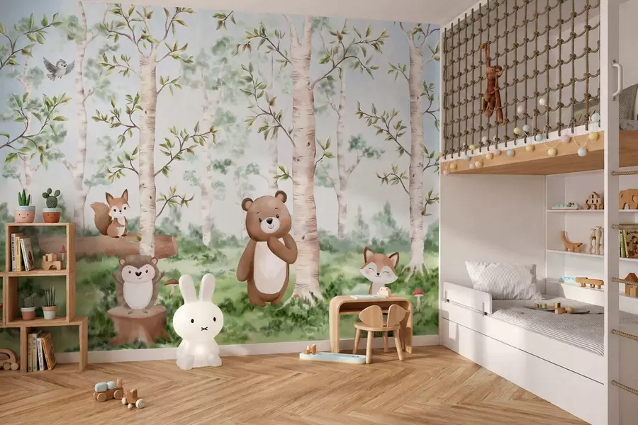 murais de parede Uma ilustração infantil de uma floresta com um urso, uma raposa e um ouriço w05532