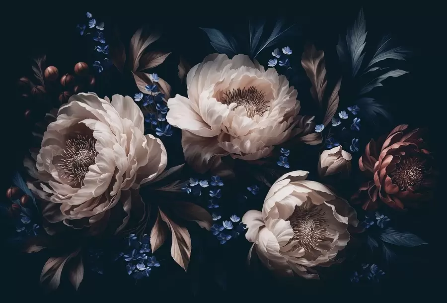 murais de parede Composição floral escura com flores e folhas grandes w05533