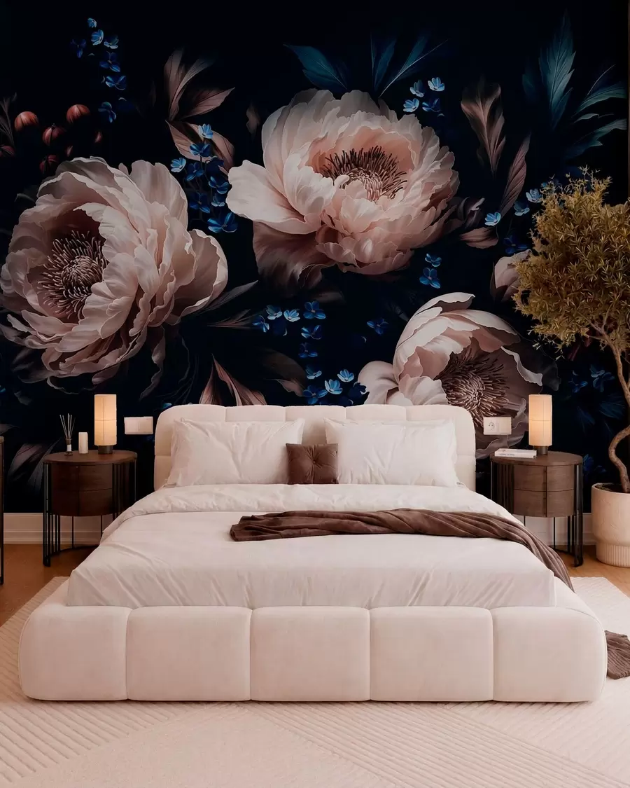 murais de parede Composição floral escura com flores e folhas grandes w05533