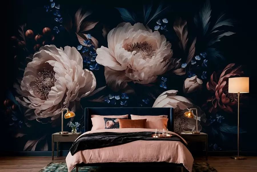 murais de parede Composição floral escura com flores e folhas grandes w05533