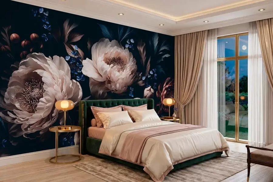 murais de parede Composição floral escura com flores e folhas grandes w05533