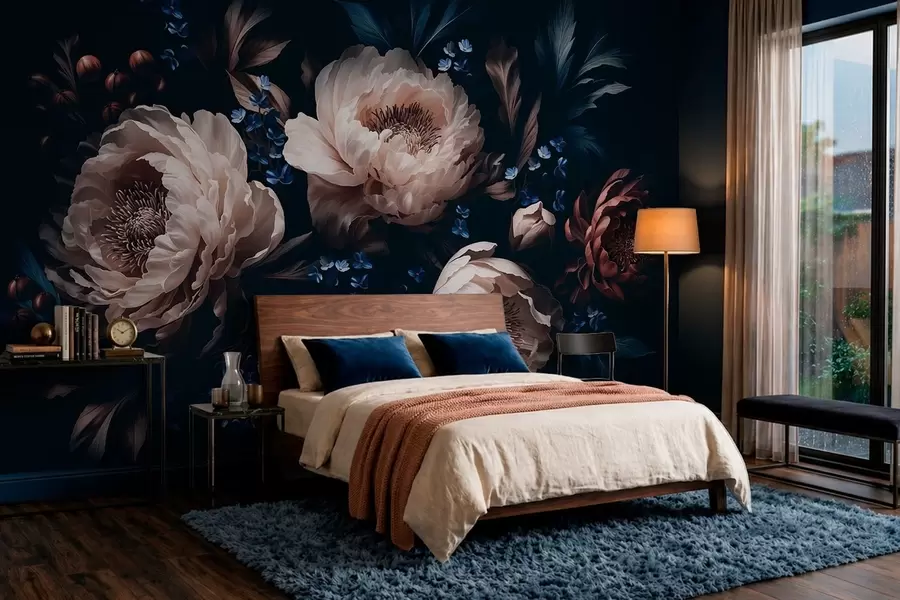 murais de parede Composição floral escura com flores e folhas grandes w05533