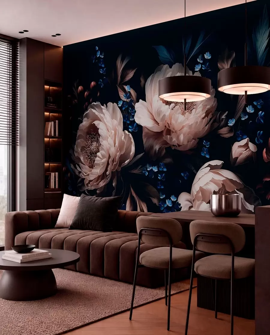 murais de parede Composição floral escura com flores e folhas grandes w05533