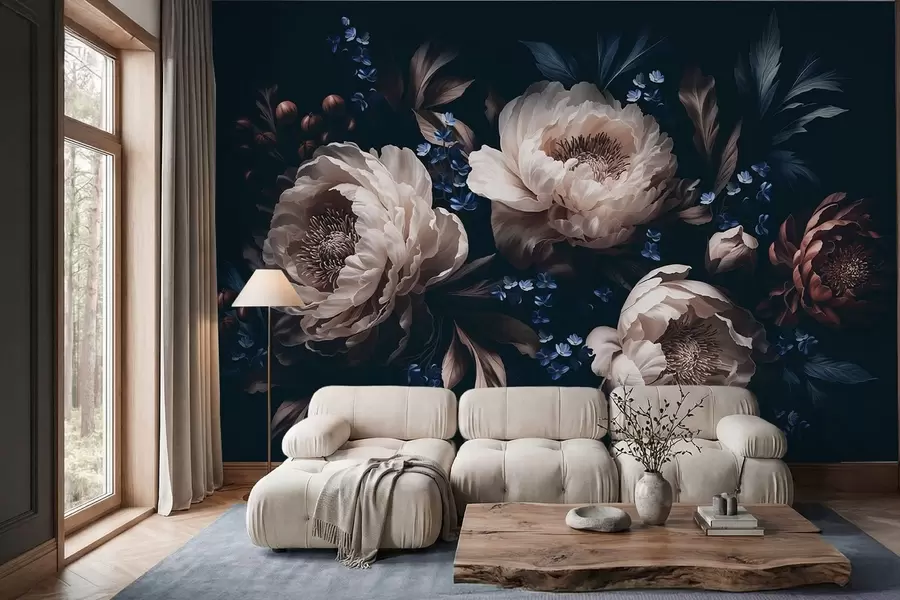 murais de parede Composição floral escura com flores e folhas grandes w05533